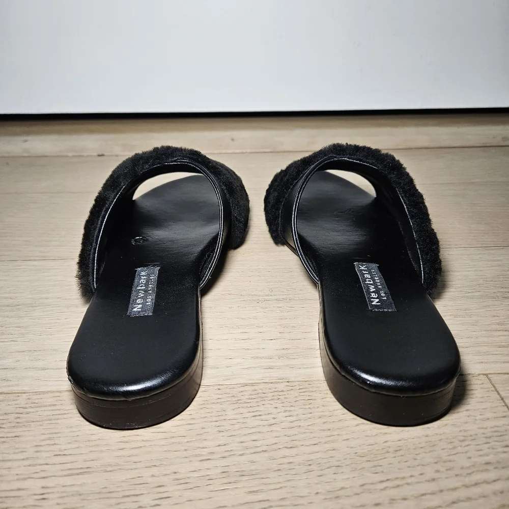 Newbark Women's Size 10 Yasmin Leather Shearling Slide Flat Sandal Black - Picture 6 of 11